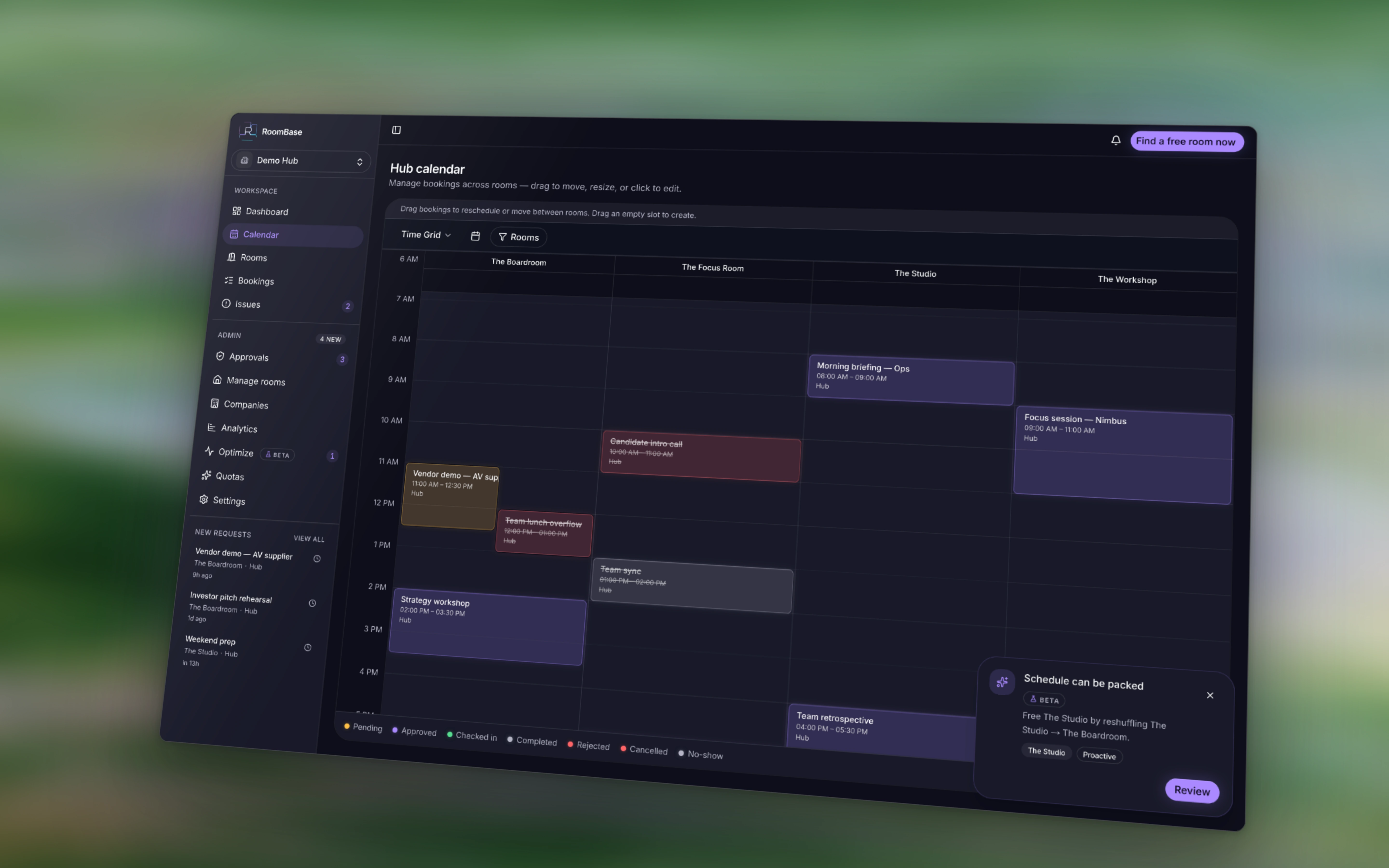 Populated RoomBase calendar showing bookings across the four rooms in Demo Hub