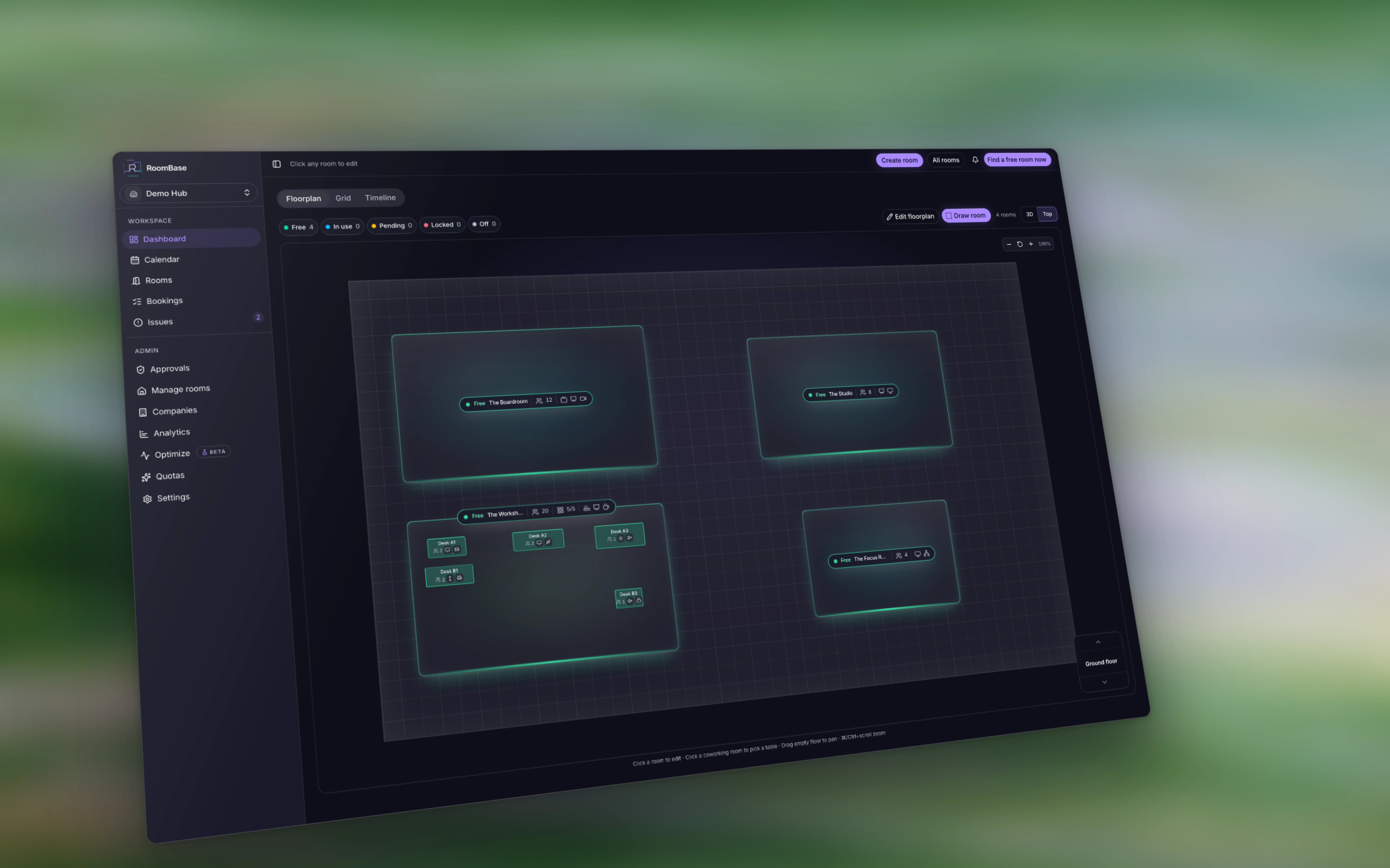 RoomBase Demo Hub showing four meeting rooms on its interactive floorplan